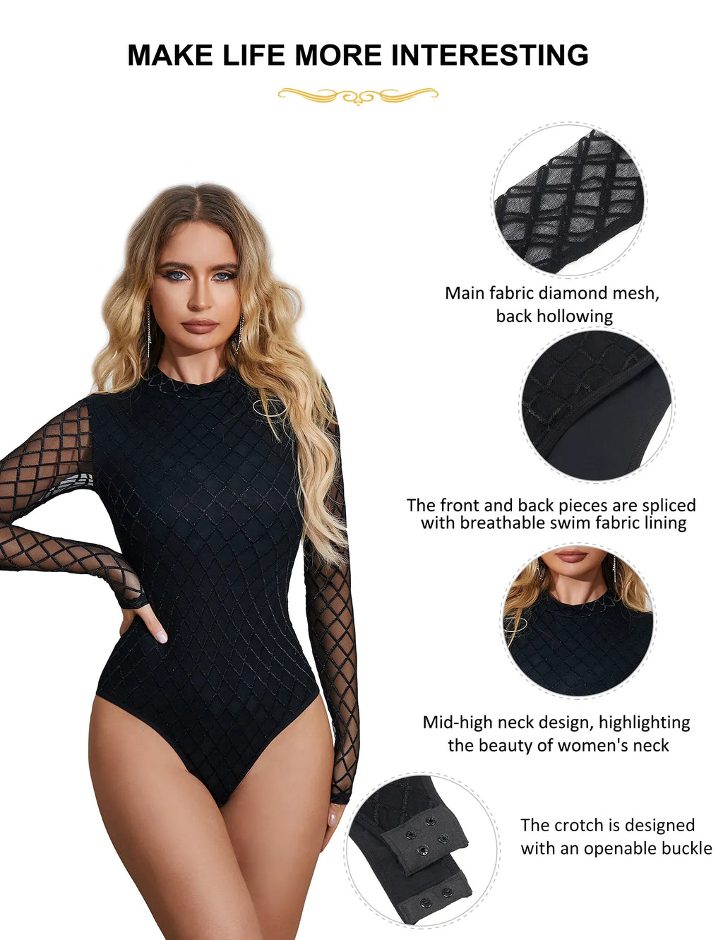 Women'S Bodysuits Sexy Piece Long Sleeve Crew Neck Tops Bodysuits Soft Stretchy Womenswear Underwear Sheer Mesh Bodysuit Turtleneck Neck Long Sleeve See through Leotard Clubwear Tops S-2XL
