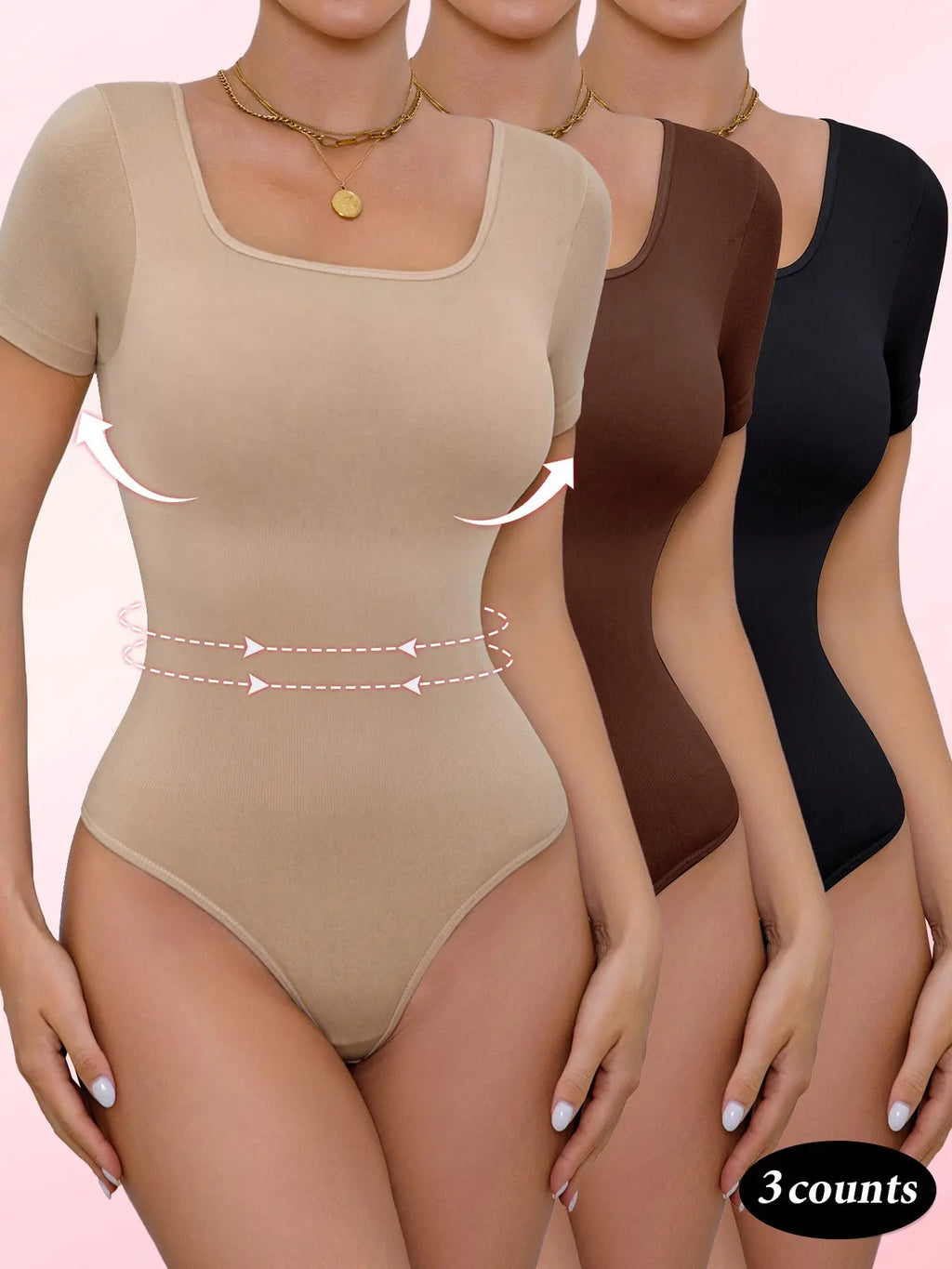 Women'S Seamless Compression Shapewear Bodysuit Set, Slimming Waist Abdomen Control Short Sleeve Crop Bodyshaper, All Seasons Minimalist Style