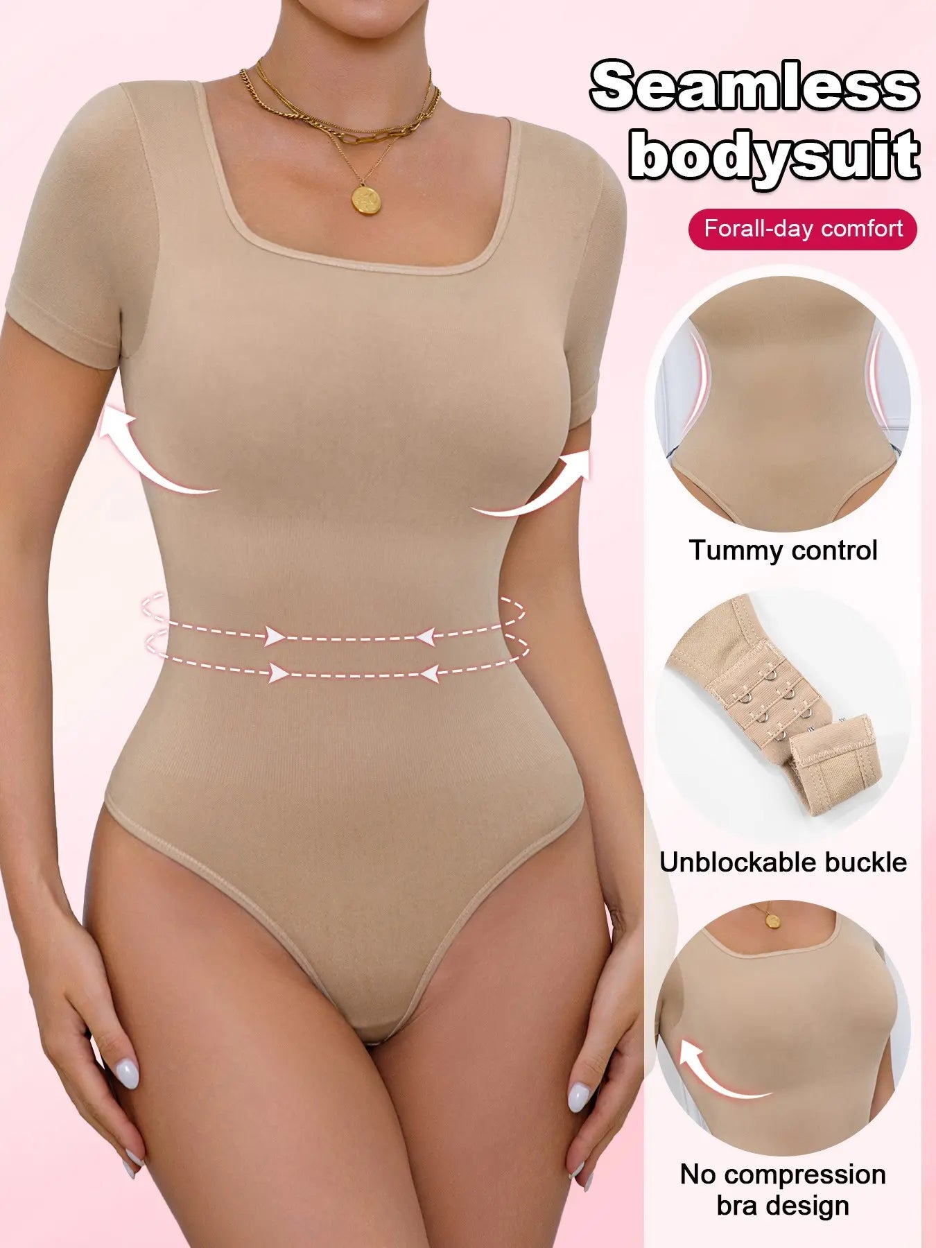 Women'S Seamless Compression Shapewear Bodysuit Set, Slimming Waist Abdomen Control Short Sleeve Crop Bodyshaper, All Seasons Minimalist Style